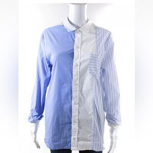 Ser.O.Ya Womens Long Sleeve Striped Button Up Shirt Blouse Blue White Size Small
